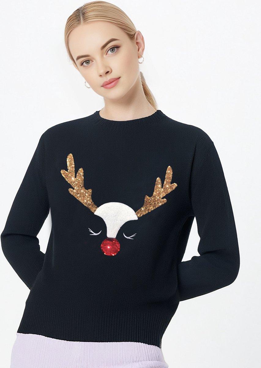 Foute Kersttrui / Sweater Dames - Reindeer | Zwart | Maat L